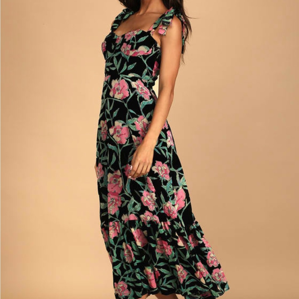 Lulu's Black Floral Maxi Dress with Pink & Green Print - Picture 3 of 11